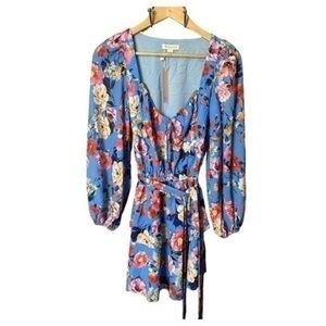 Yumi Kim Sunnyside Blue Floral Edith Long Balloon Sleeve Mini Dress S NWT